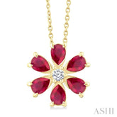 4X3 MM Floral Blossom Pear Cut Ruby and 1/20 Ctw Round Cut Diamond Precious Pendant With Chain in 14K Yellow Gold