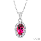 5x3 MM Oval Shape Pink Tourmaline and 1/20 Ctw Round Cut Diamond Halo Semi-Precious Pendant with Chain in 14K White Gold