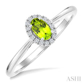 5x3 MM Oval Shape Peridot and 1/20 Ctw Round Cut Diamond Halo Semi-Precious Ring in 10K White Gold