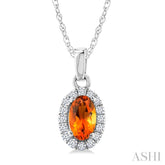 5x3 MM Oval Shape Citrine and 1/20 Ctw Round Cut Diamond Halo Semi-Precious Pendant with Chain in 10K White Gold