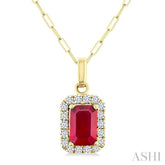 6x4 MM Octagonal Shape Ruby and 1/6 Ctw Round Cut Diamond Halo Precious Pendant with Chain in 10K Yellow Gold