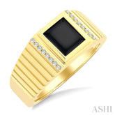 1/10 Ctw 8X7 MM Emerald Cut Onyx and Round Cut Diamond Semi-Precious Men's Grooved Shank Ring in 10K Yellow Gold