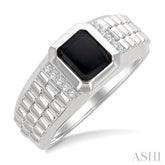 1/10 Ctw 8X7 MM Emerald Cut Onyx and Round Cut Diamond Semi-Precious Men's Ring in 10K White Gold