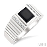 1/10 Ctw 8X7 MM Emerald Cut Onyx and Round Cut Diamond Semi-Precious Men's Grooved Shank Ring in 10K White Gold
