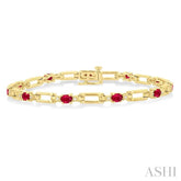 4X3 MM Oval Cut Ruby and 1/10 Ctw Round Cut Diamond Paperclip Bracelet in 14K Yellow Gold