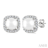 5 MM Cushion-Shaped Cultured Pearl and 1/8 Ctw Petite Round Cut Diamond Halo Stud Earring in 10K White Gold