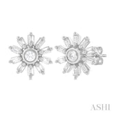1/4 Ctw Petite Wheel Baguette and Round Cut Diamond Fashion Stud Earring in 10K White Gold
