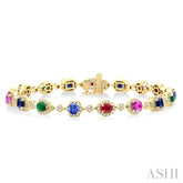 4X3 MM & 3.5 MM Mixed Shape Gemstone Rainbow and 1 Ctw Round Cut Diamond Halo Precious Tennis Bracelet in 14K Yellow Gold