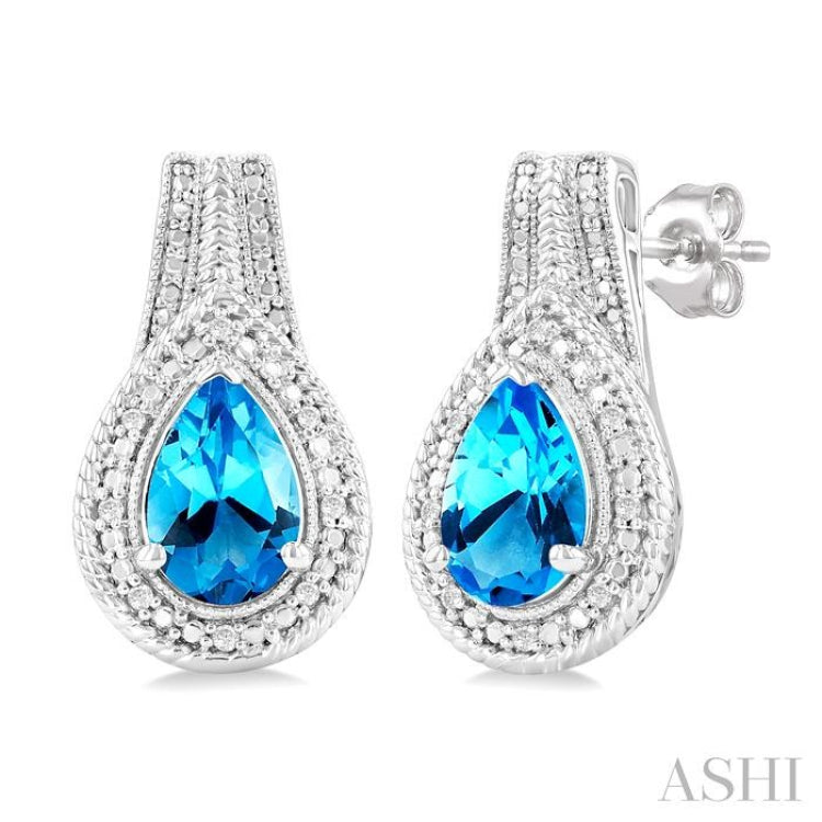 8X5 MM Pear Shape Blue Topaz and 1/20 Ctw Round Cut Diamond Semi-Precious Earrings in Sterling Silver
