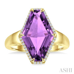 16x10 MM Hexagon Shape Amethyst and 1/10 Ctw Round Cut Diamond Halo Semi-Precious Ring in 14K Yellow Gold