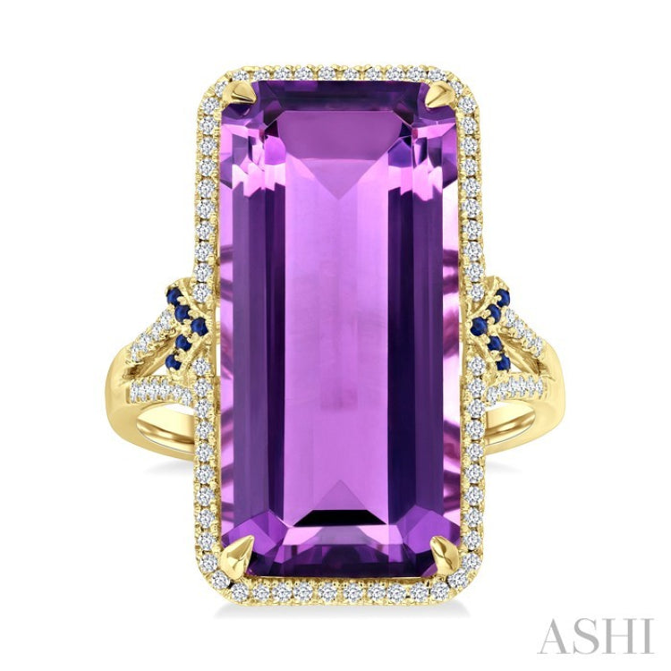 22x10 MM Emerald Cut Amethyst and 0.80 MM Round Sapphire & 1/4 Ctw Round Cut Diamond Halo Precious & Semi-Precious Ring in 14K Yellow Gold
