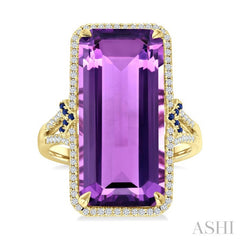 22x10 MM Emerald Cut Amethyst and 0.80 MM Round Sapphire & 1/4 Ctw Round Cut Diamond Halo Precious & Semi-Precious Ring in 14K Yellow Gold