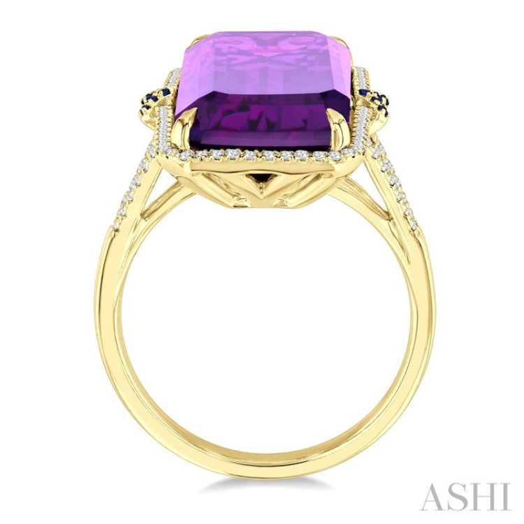 22x10 MM Emerald Cut Amethyst and 0.80 MM Round Sapphire & 1/4 Ctw Round Cut Diamond Halo Precious & Semi-Precious Ring in 14K Yellow Gold