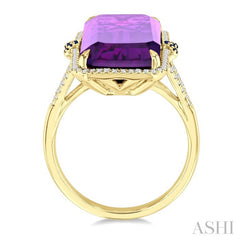 22x10 MM Emerald Cut Amethyst and 0.80 MM Round Sapphire & 1/4 Ctw Round Cut Diamond Halo Precious & Semi-Precious Ring in 14K Yellow Gold