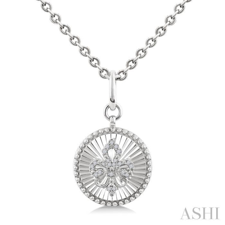 1/10 Ctw Round fluted medallion Round Cut Diamond Fleur-De-Lis Pendant With Chain in Sterling Silver