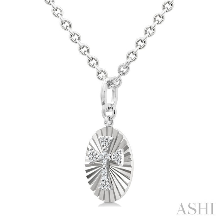 1/10 Ctw Oval Fluted Medallion Round Cut Diamond Cross Pendant With Chain in Sterling Silver