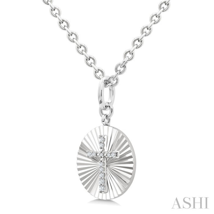 1/10 Ctw Round Fluted Medallion Round Cut Diamond Cross Pendant With Chain in Sterling Silver