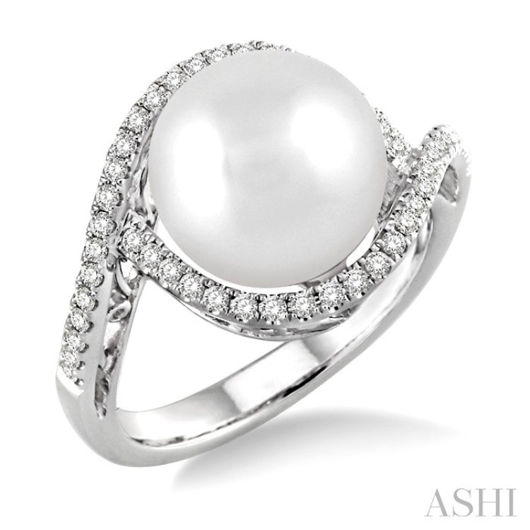 11 MM Cultured Pearl and 1/3 Ctw Round Cut Diamond Ring in 14K White Gold