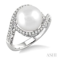 11 MM Cultured Pearl and 1/3 Ctw Round Cut Diamond Ring in 14K White Gold