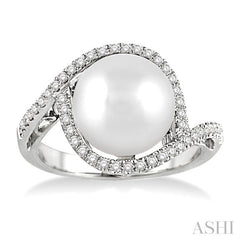 11 MM Cultured Pearl and 1/3 Ctw Round Cut Diamond Ring in 14K White Gold