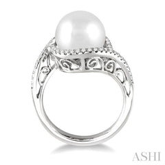 11 MM Cultured Pearl and 1/3 Ctw Round Cut Diamond Ring in 14K White Gold