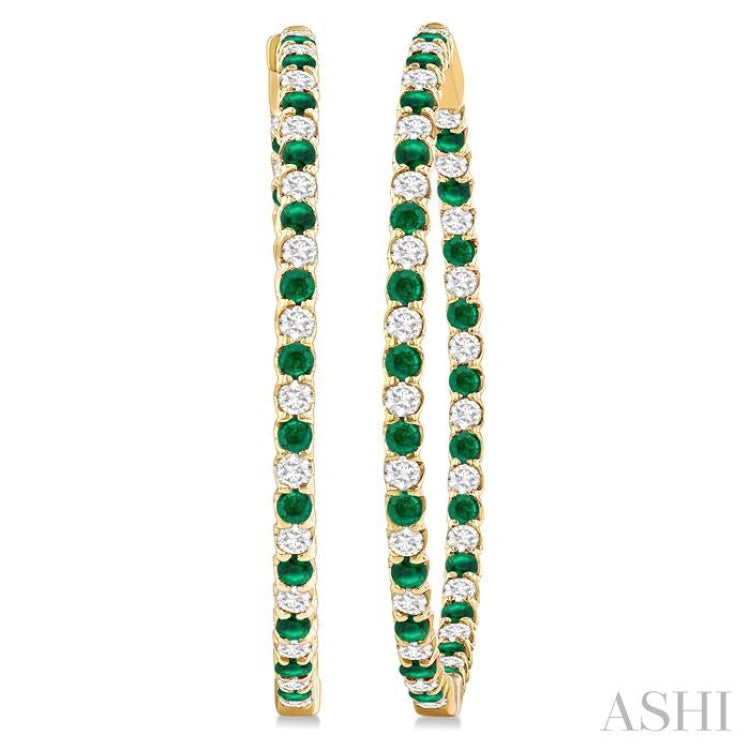 2.3 MM Emerald and Alternating 2 1/2 Ctw Round Cut Inside-Out Diamond Precious Hoop Earrings in 14K Yellow Gold