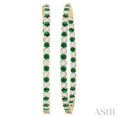 2.3 MM Emerald and Alternating 2 1/2 Ctw Round Cut Inside-Out Diamond Precious Hoop Earrings in 14K Yellow Gold