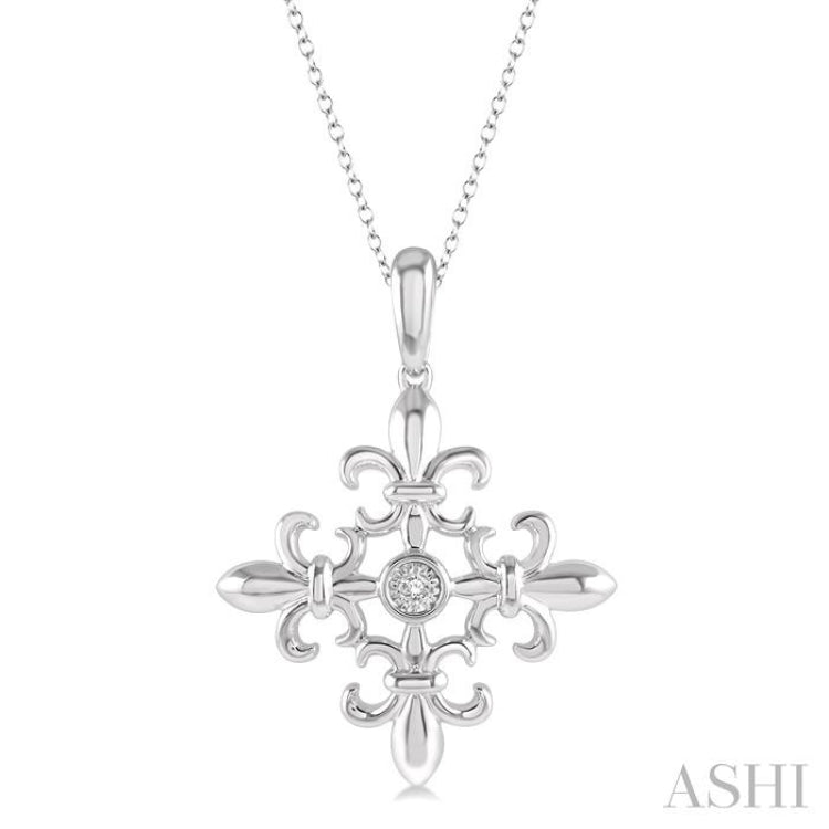 1/50 Ctw Fleur De Lis Round Cut Diamond Pendant With Chain in Sterling Silver