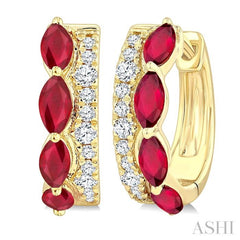 4X2 MM Marquise Shape Ruby and 1/6 Ctw Round Cut Diamond Precious Hoop Earrings in 10K Yellow Gold
