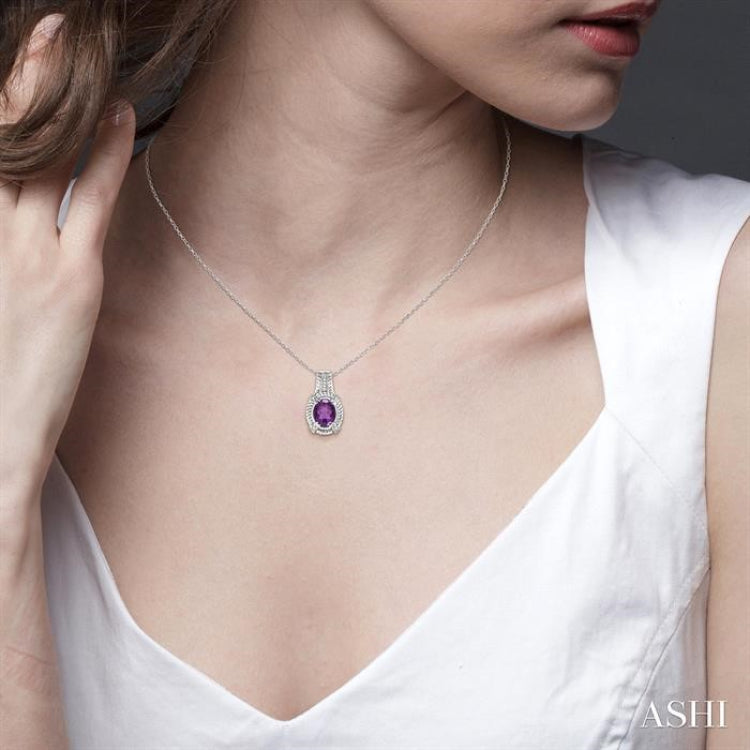 9x7 MM Oval Cut Amethyst and 1/50 Ctw Round Cut Diamond Pendant in Sterling Silver with Chain