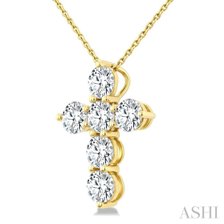 2 Ctw Round Cut Diamond Christian Cross 6-Stone Fashion Pendant With Chain in 14K Yellow Gold