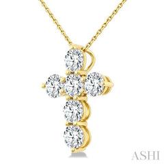 2 Ctw Round Cut Diamond Christian Cross 6-Stone Fashion Pendant With Chain in 14K Yellow Gold