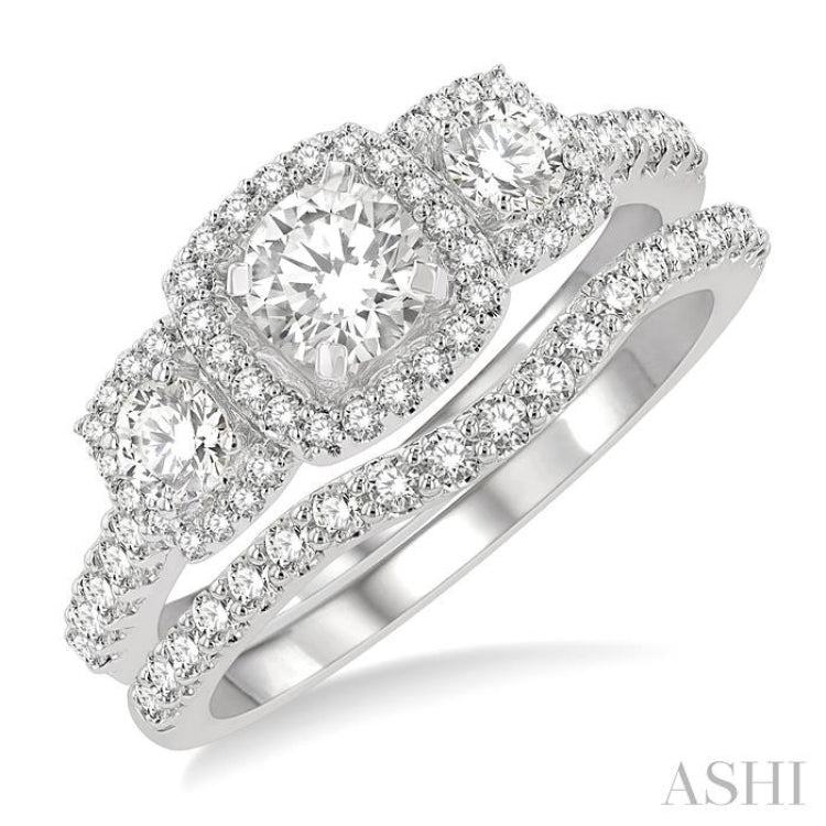 1 1/4 Ctw Diamond Wedding Set With 1 Ct Triple Cushion Shape Past, Present & Future Engagement Ring and 1/4 Ct Curved Wedding Band in 14K White Gold