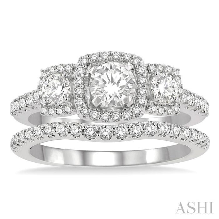 1 1/4 Ctw Diamond Wedding Set With 1 Ct Triple Cushion Shape Past, Present & Future Engagement Ring and 1/4 Ct Curved Wedding Band in 14K White Gold