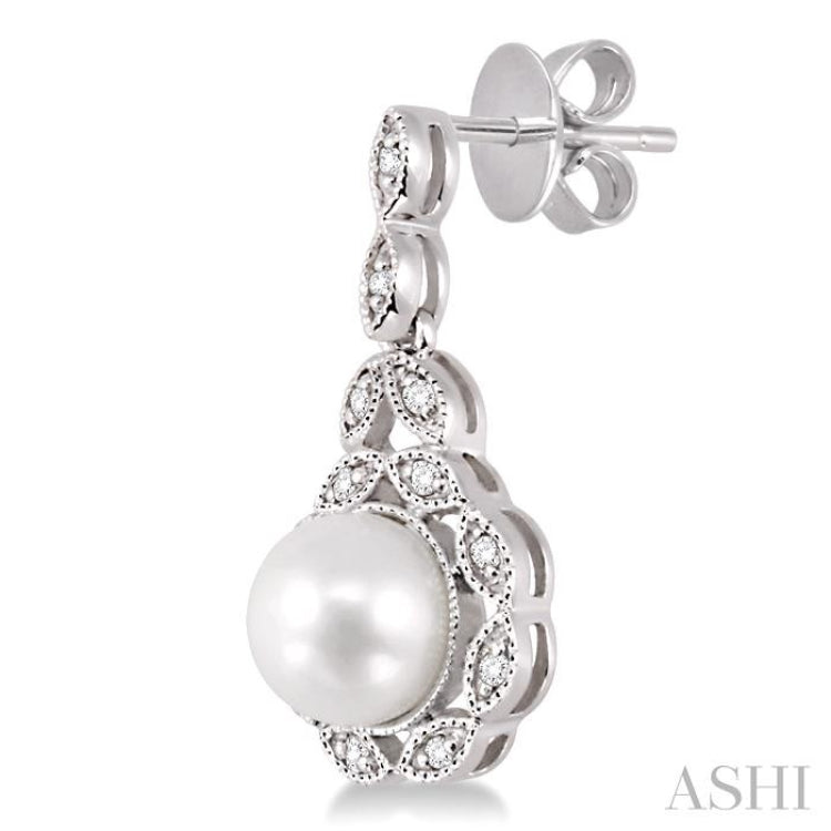 6X6 MM Round Shape Cultured Pearl and 1/8 Ctw Cutwork Marquise Round Cut Diamond Fashion Earring in 10K White Gold