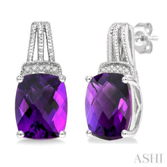9x7 MM Cushion Shape Amethyst and 1/50 Ctw Looped Round Cut Diamond Semi-Precious Earring in Sterling Silver