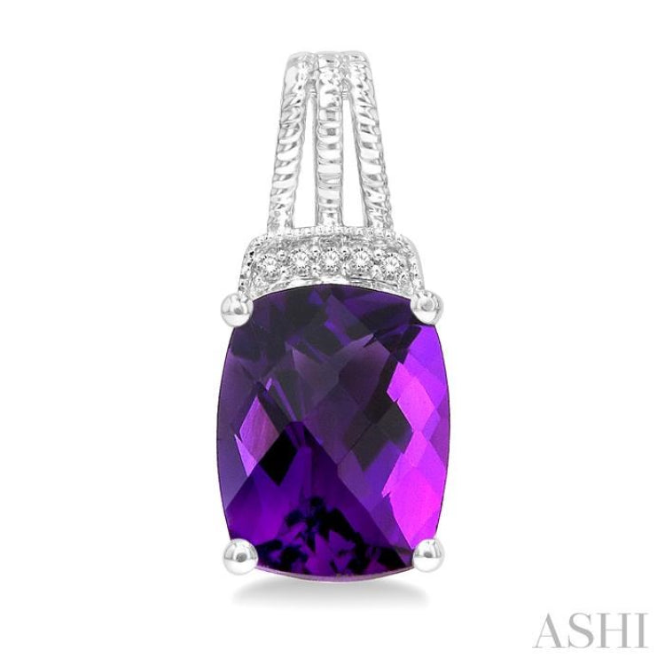 9x7 MM Cushion Shape Amethyst and 1/50 Ctw Looped Round Cut Diamond Semi-Precious Earring in Sterling Silver