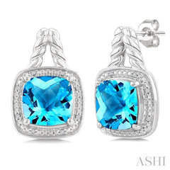 8 MM Cushion Shape Blue Topaz and 1/20 Ctw Round Cut Diamond Semi-Precious Earrings in Sterling Silver