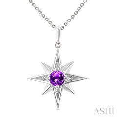 5 MM Round Cut Amethyst and 1/20 Ctw Round Cut Diamond Semi-Precious Fashion Pendant With Chain in Sterling Silver