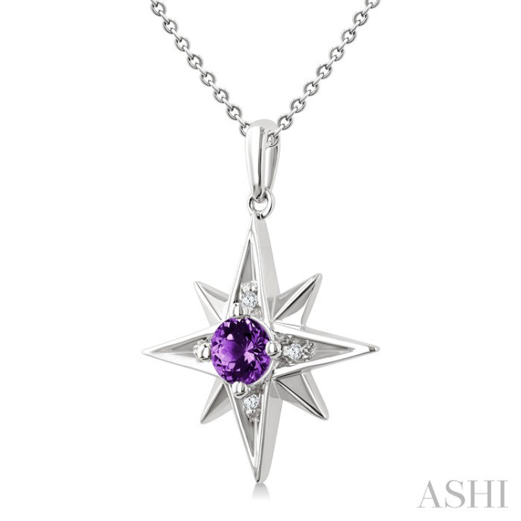 5 MM Round Cut Amethyst and 1/20 Ctw Round Cut Diamond Semi-Precious Fashion Pendant With Chain in Sterling Silver