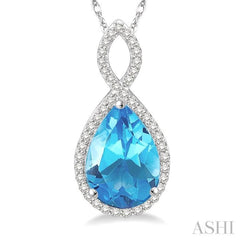 12x8 MM Entwined Pear Cut Blue Topaz and 1/4 Ctw Round Cut Diamond Semi-Precious Pendant in 10K White Gold with chain