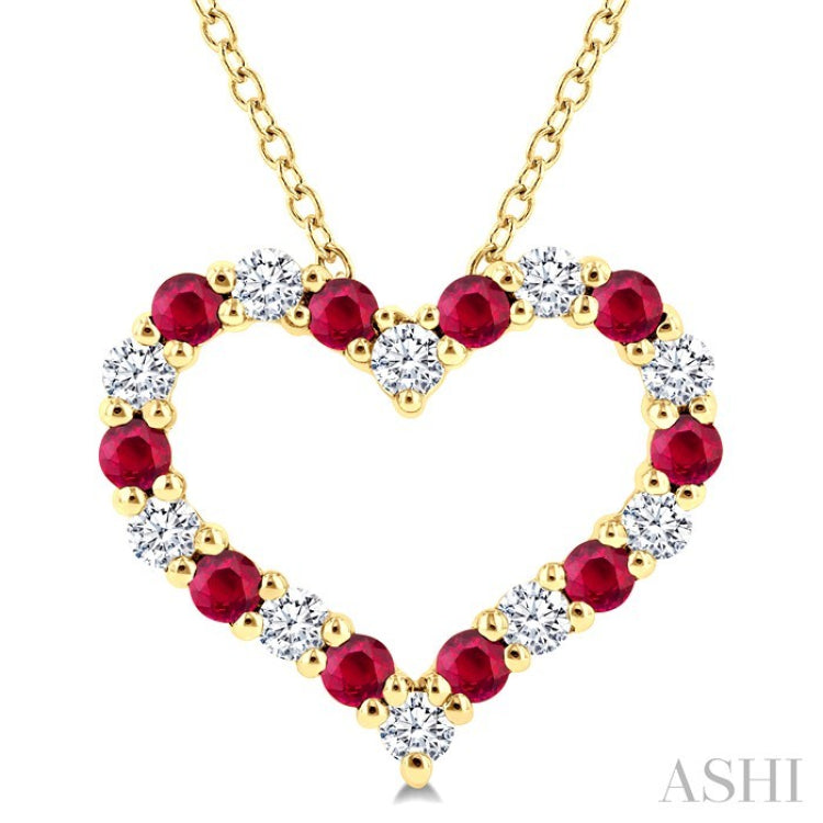 1.80 MM Round Cut Ruby and 1/4 Ctw Open Heart Round Cut Diamond Precious Fashion Pendant With Chain in 14K Yellow Gold