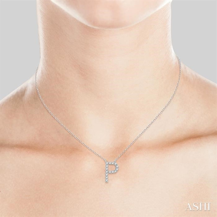 1/20 Ctw Initial 'P' Round Cut Diamond Pendant With Chain in 10K White Gold