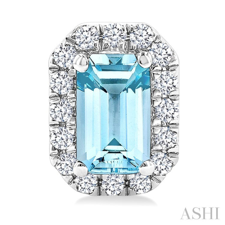 5x3 MM Octagonal Shape Aquamarine and 1/8 Ctw Round Cut Diamond Halo Semi-Precious Stud Earrings in 10K White Gold