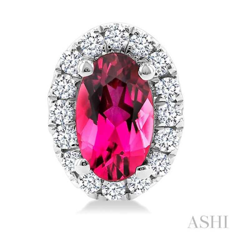 5x3 MM Oval Shape Pink Tourmaline and 1/8 Ctw Round Cut Diamond Halo Semi-Precious Stud Earrings in 14K White Gold