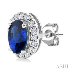 5x3 MM Oval Shape Sapphire and 1/8 Ctw Round Cut Diamond Halo Precious Stud Earrings in 10K White Gold