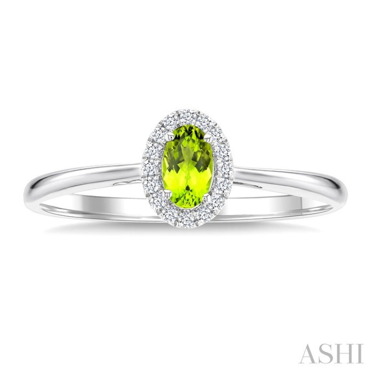 5x3 MM Oval Shape Peridot and 1/20 Ctw Round Cut Diamond Halo Semi-Precious Ring in 14K White Gold