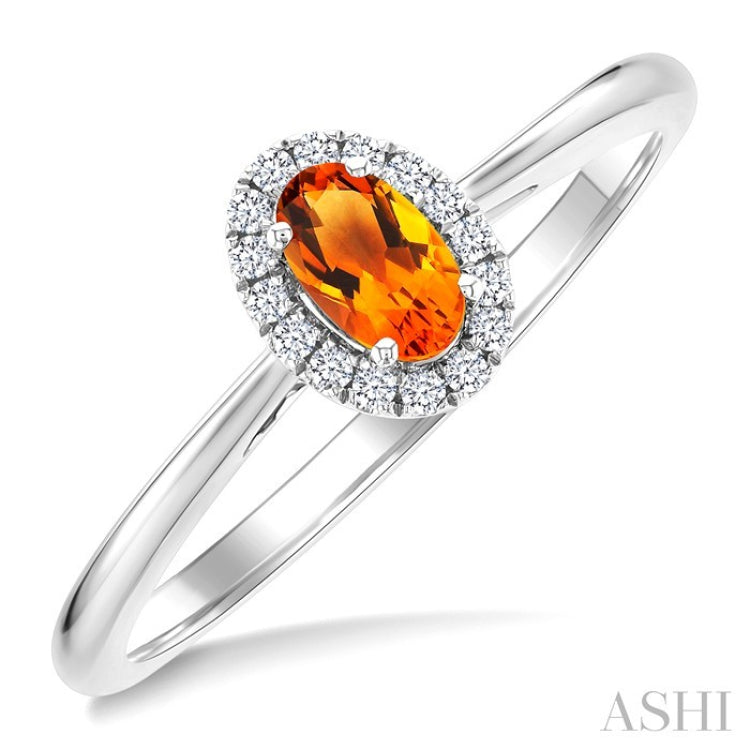 5x3 MM Oval Shape Citrine and 1/20 Ctw Round Cut Diamond Halo Semi-Precious Ring in 14K White Gold