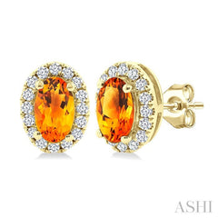 5x3 MM Oval Shape Citrine and 1/8 Ctw Round Cut Diamond Halo Semi-Precious Stud Earrings in 10K Yellow Gold