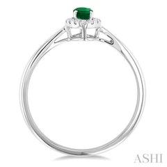 5x3 MM Oval Shape Emerald and 1/20 Ctw Round Cut Diamond Halo Precious Ring in 14K White Gold